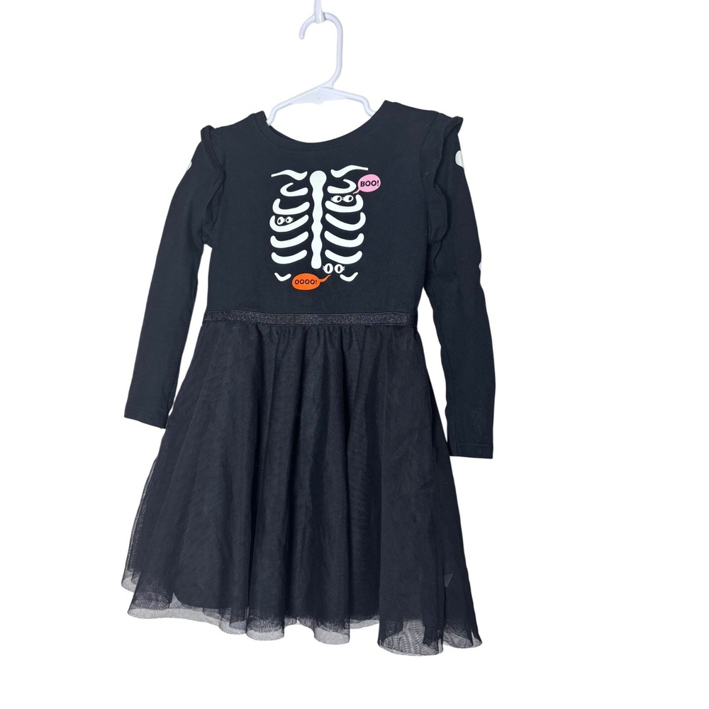 Cat & Jack Girls 4T Halloween Skeleton Tulle Tutu Dress Black Long Sleeve Boo